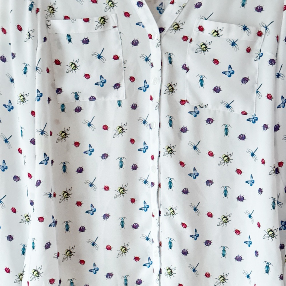 Express Portofino Whimsical Twee Insect Print Blouse White Colorful Print Size S - Picture 8 of 12